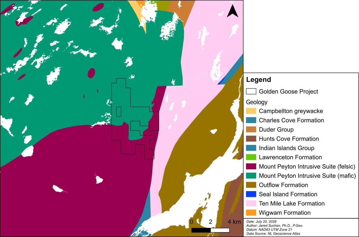Bedrock geology map showing the Golden Goose Project over the Mount Peyton Intrusive Suite